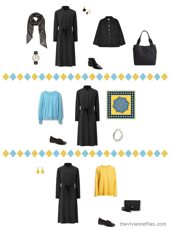 5. 3 outfits from a black, white turquoise and yellow travel capsule wardrobe