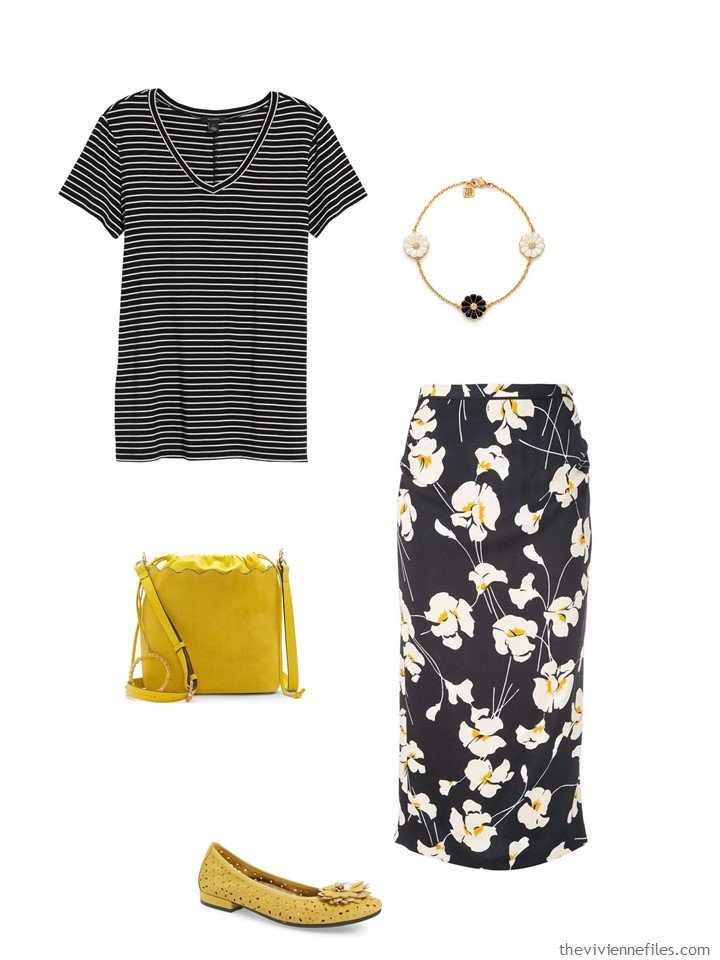 5. black white and yellow stripes and flowers outfit