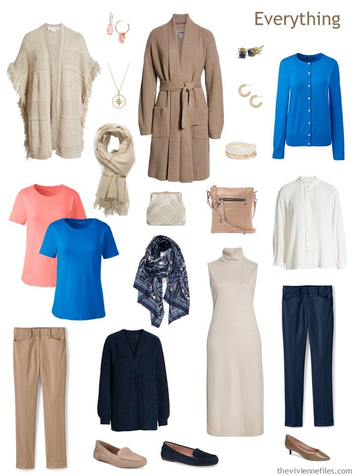 5. navy, beige, blue, coral and white travel capsule wardrobe