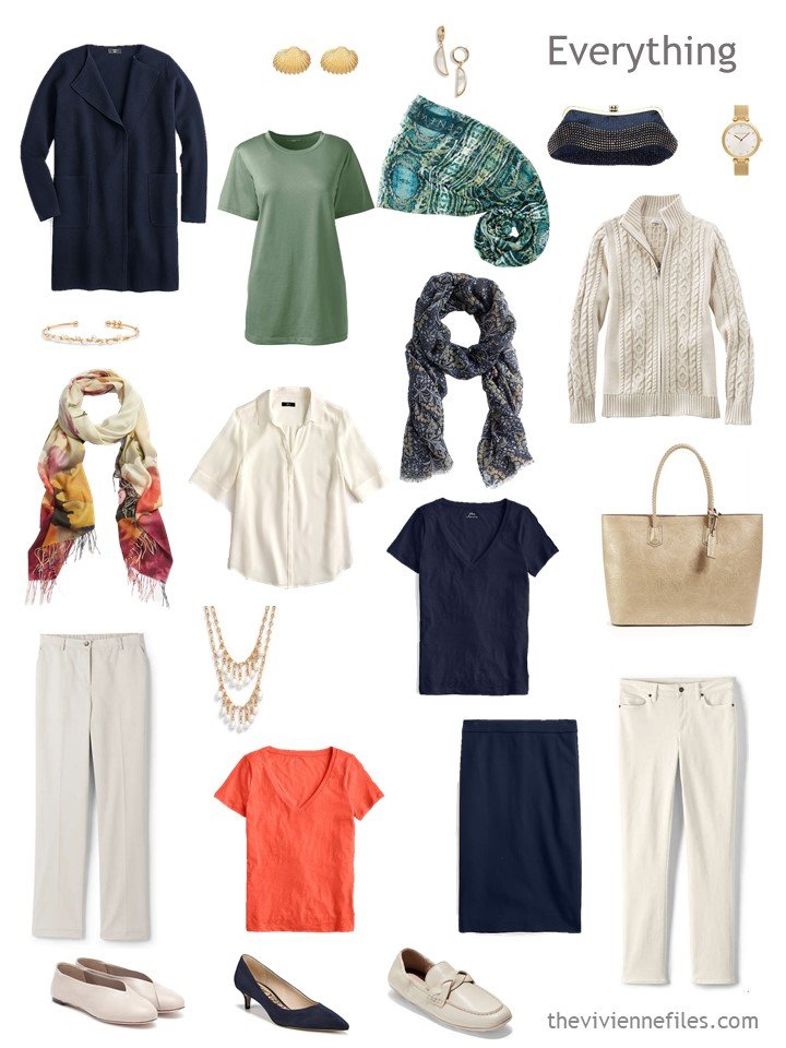 5. travel capsule wardrobe in beige, navy, persimmon and green