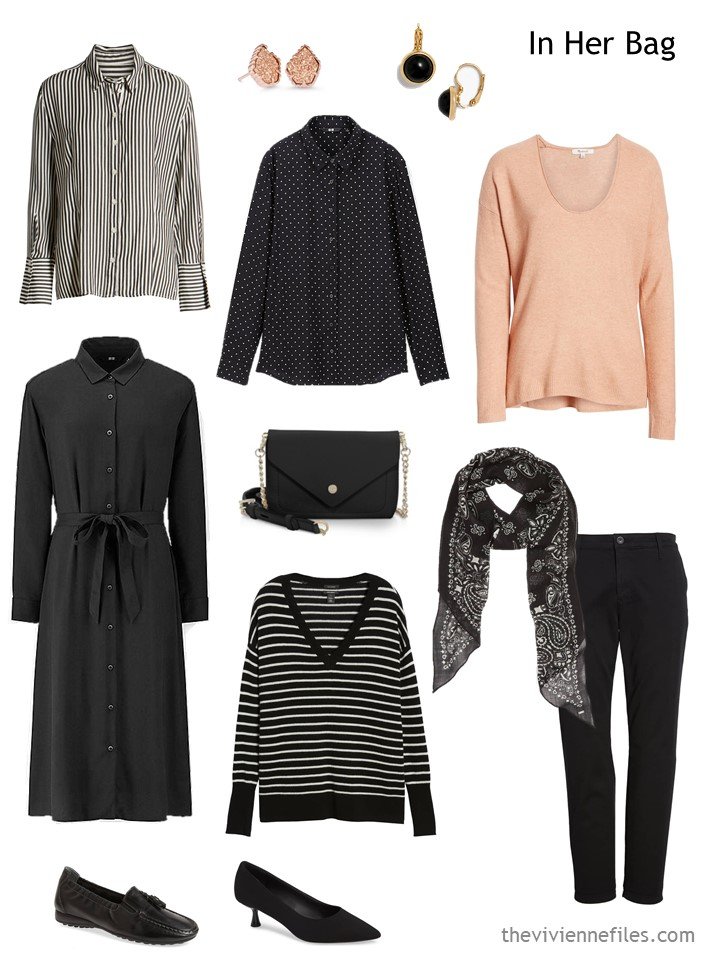 5. travel capsule wardrobe in black, white and apricot