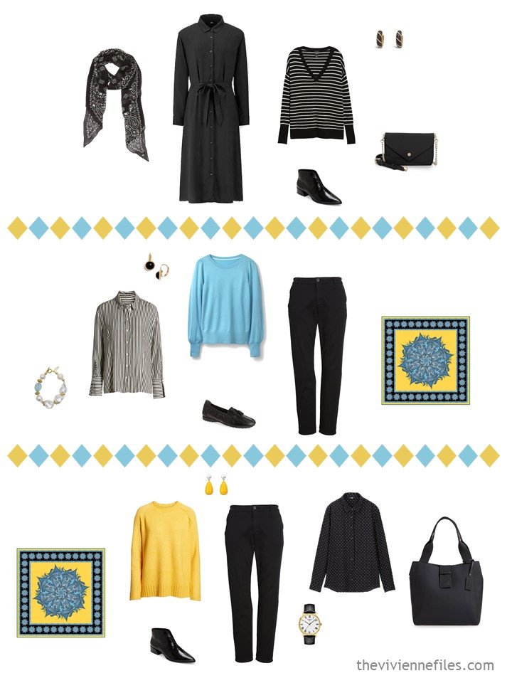 6. 3 outfits from a black, white, turquoise and yellow trael capsule wardrobe