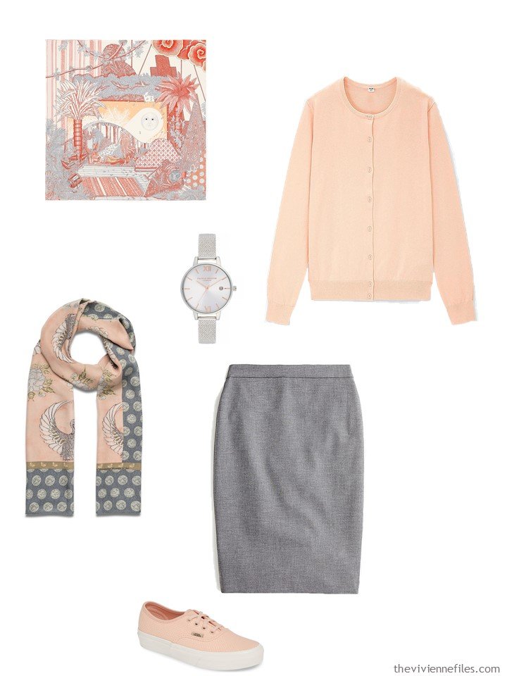 6. peach and grey skirt outfit