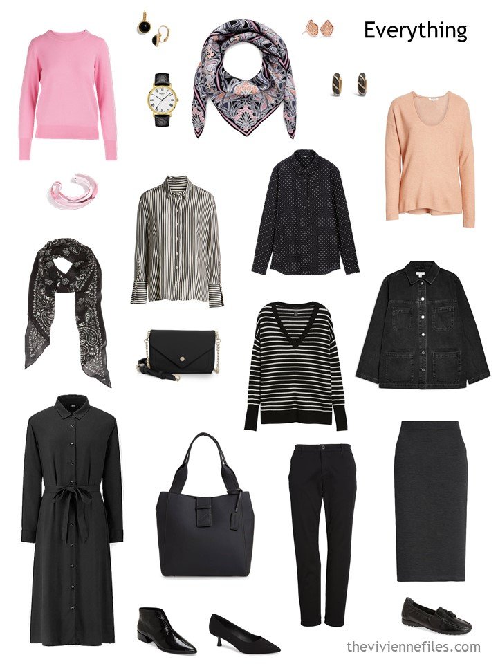 6. travel capsule wardrobe in black, white, pink and apricot