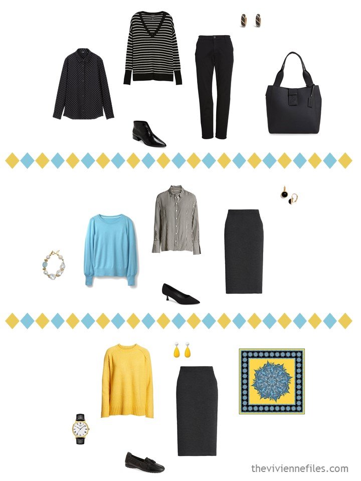 7. 3 outfits from a black, white, turquoise and yellow travel capsule wardrobe