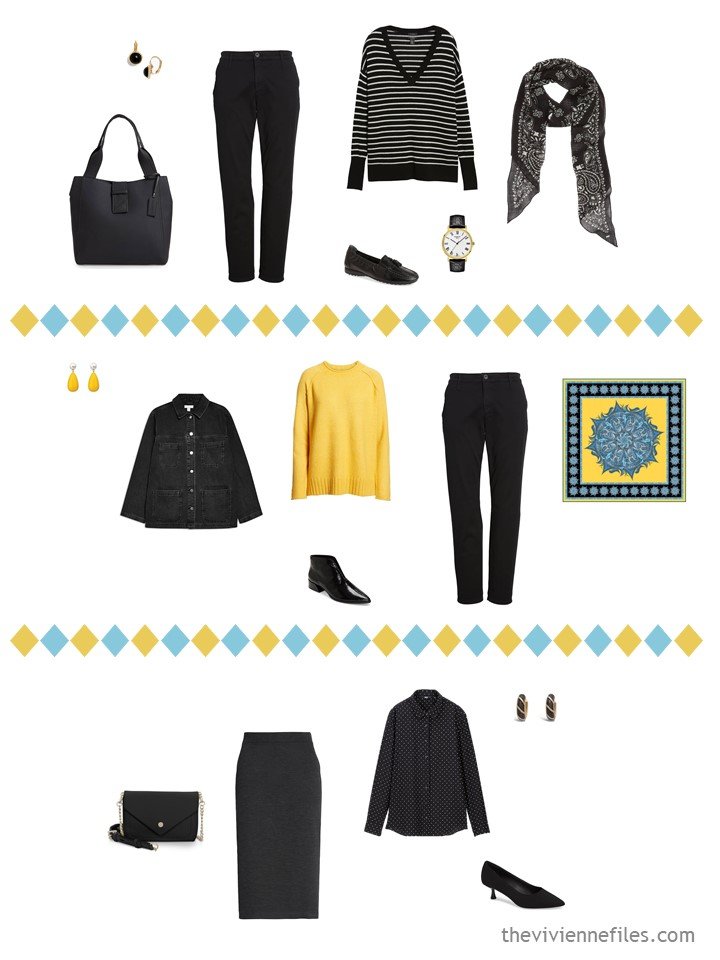 8. 3 outfits from a black, white, turquoise and yellow travel capsule wardrobe