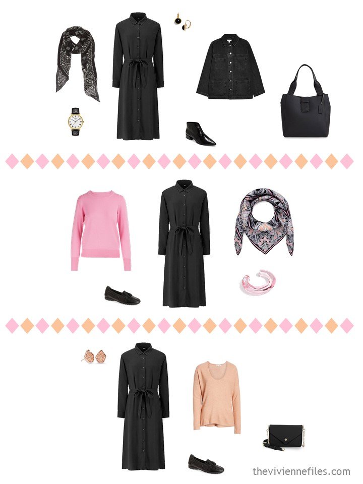 8. 3 outfits from a travel capsule wardrobe in black, white, pink and apricot