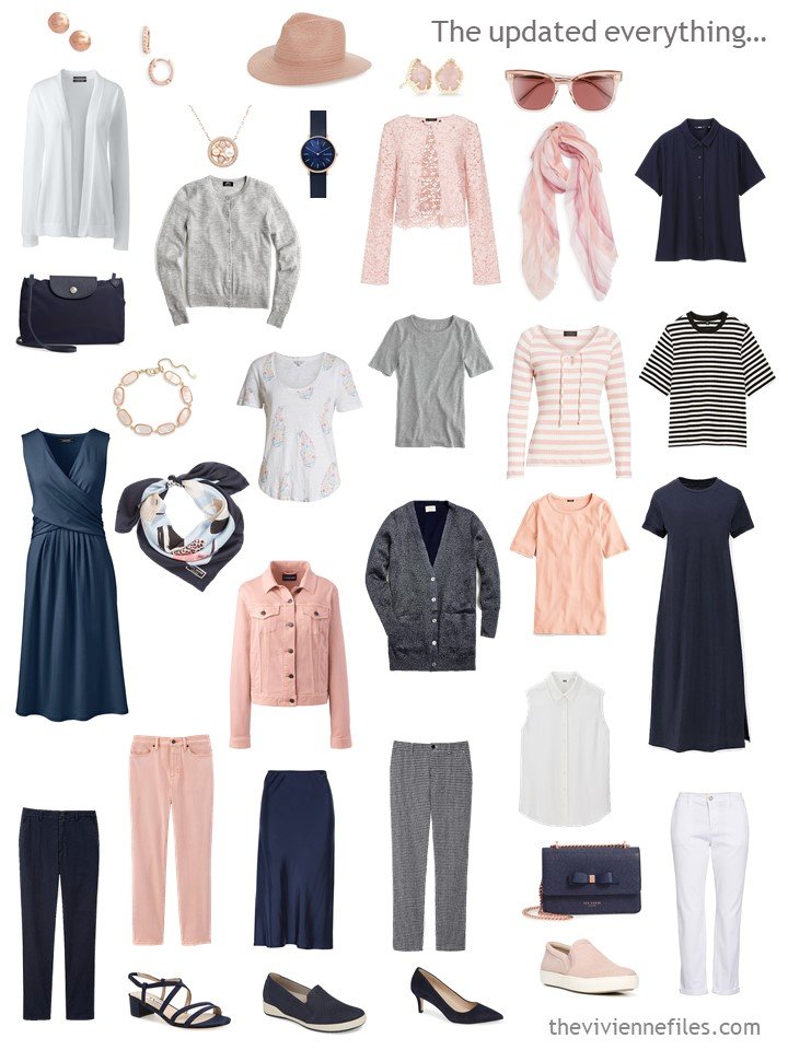 8. accessorized travel capsule wardrobe in navy, white, blush and grey