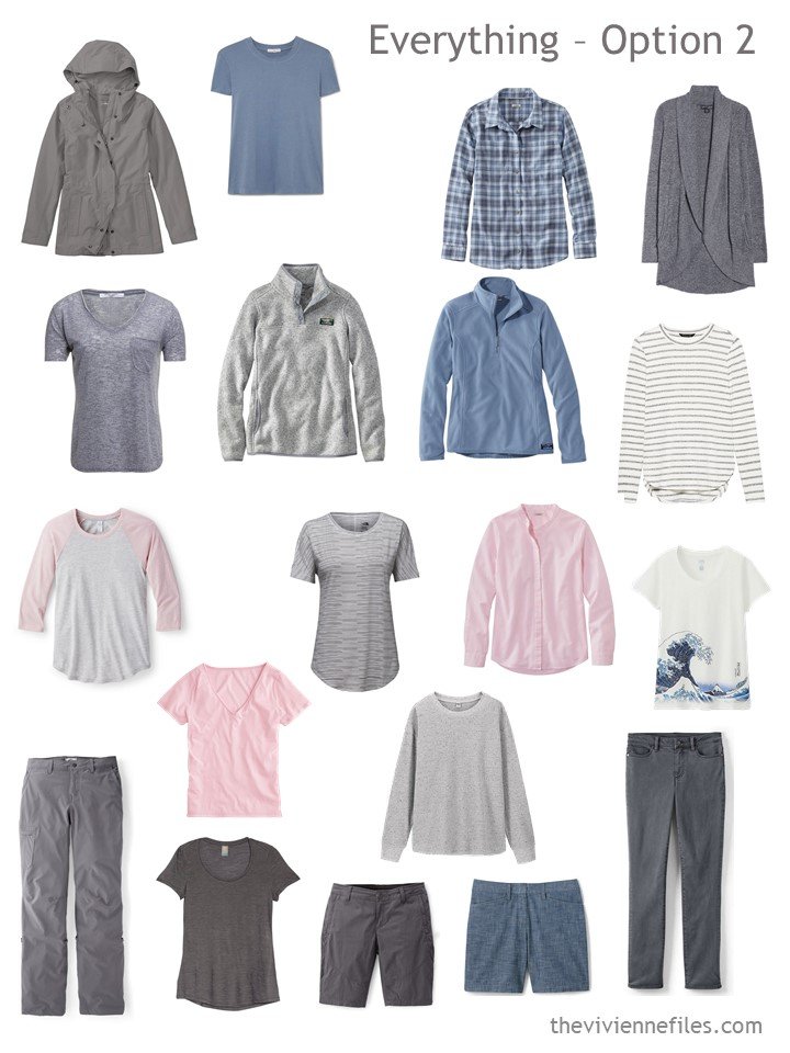 9. 19-piece travel capsule wardrobe in grey, blue and pink