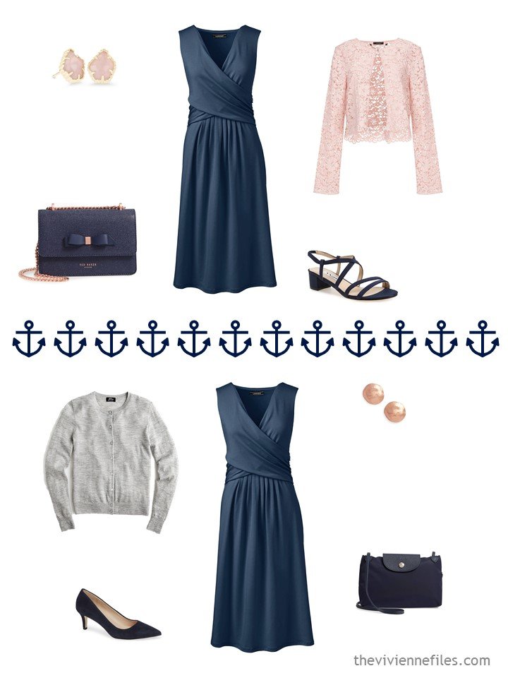 9. 2 ways to wear a navy dress from a travel capsule wardrobe