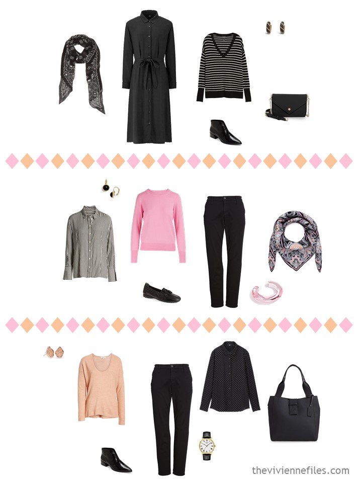 9. 3 outfits from a travel capsule wardrobe in black, white, pink and apricot