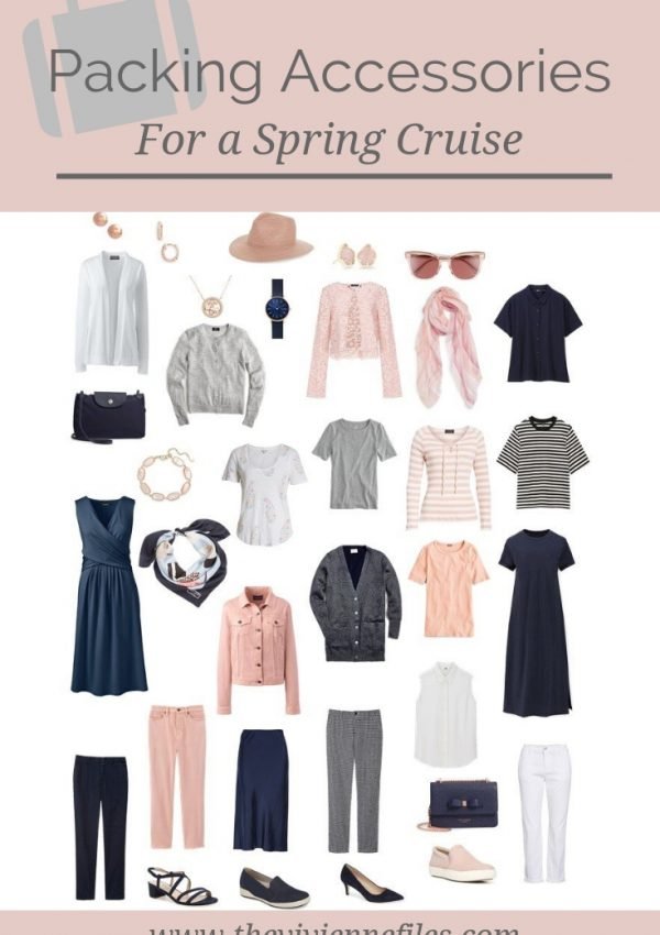 PACKING ACCESSORIES FOR A CRUISE, IN A NAVY, BLUSH, GREY AND WHITE TRAVEL CAPSULE WARDROBE