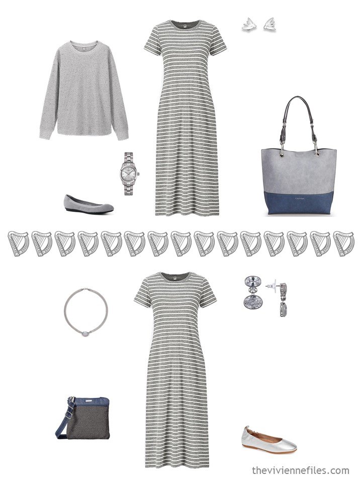 10. 2 ways to wear a grey striped dress from a travel capsule wardrobe