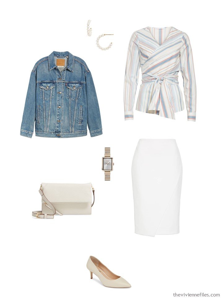 10. print top and white skirt with a denim jacket