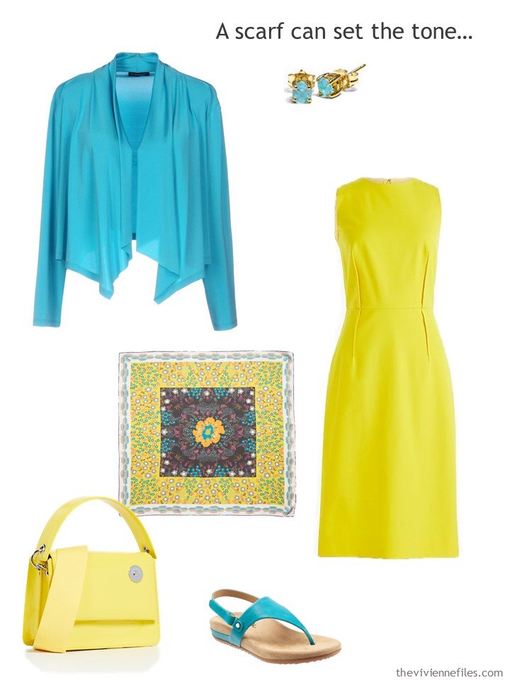 10. yellow dress with turquoise accessories