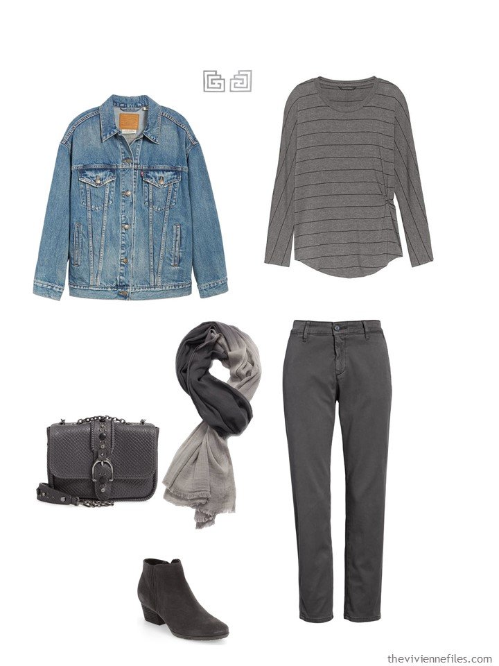 11. charcoal tee shirt and pants with a denim jacket