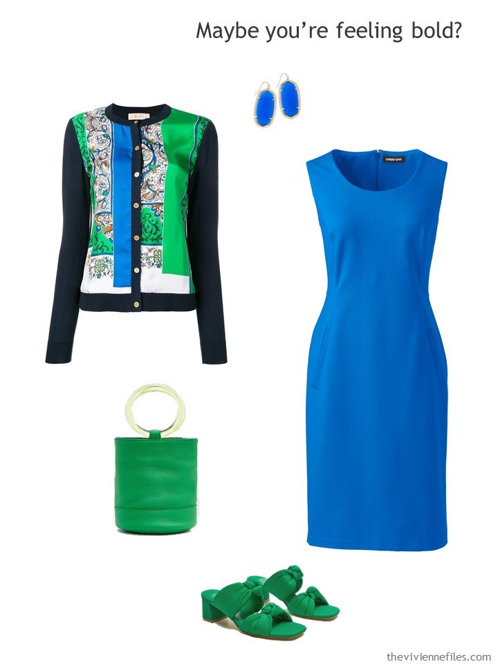 11. royal blue dress with print cardigan and green accessories