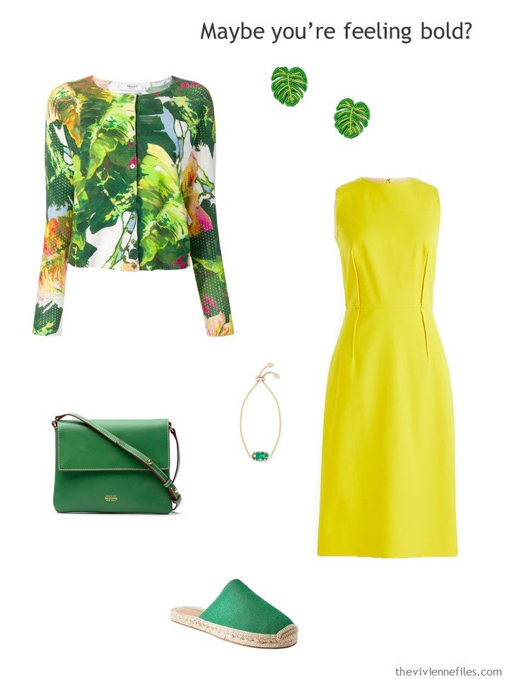 11. yellow dress with green accessories