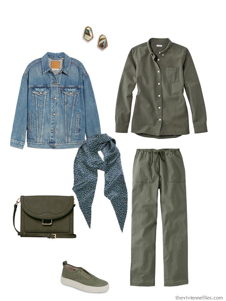 12. green shirt and pants with a denim jacket