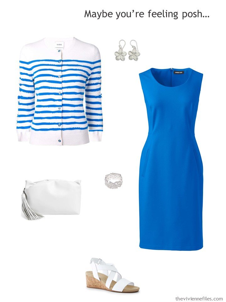 12. royal blue dress with striped cardigan and white accessories