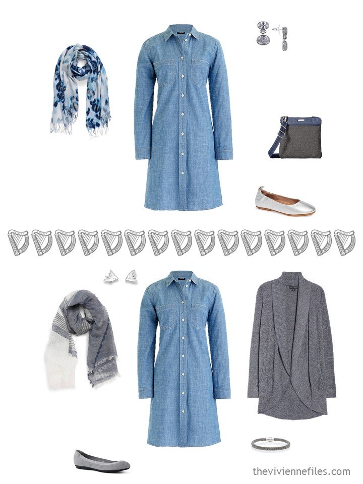 13. 2 ways to wear a denim dress from a travel capsule wardrobe