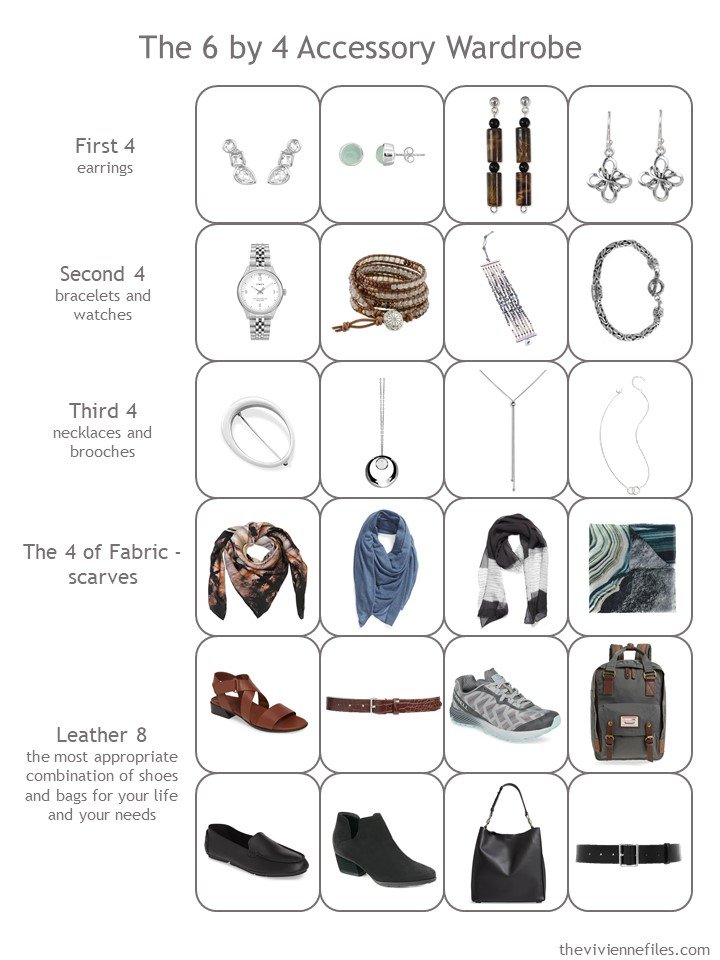 13. a 6 by 4 accessory wardrobe for black, white, denim, brown, aqua and grey