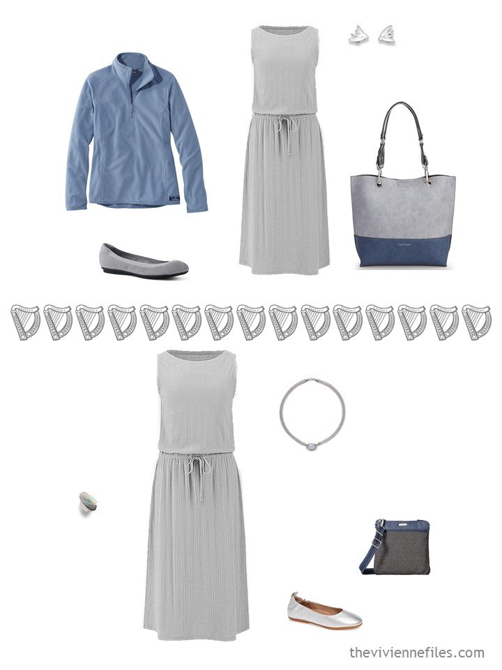 15. 2 ways to wear a grey sleeveless dress from a travel capsule wardrobe