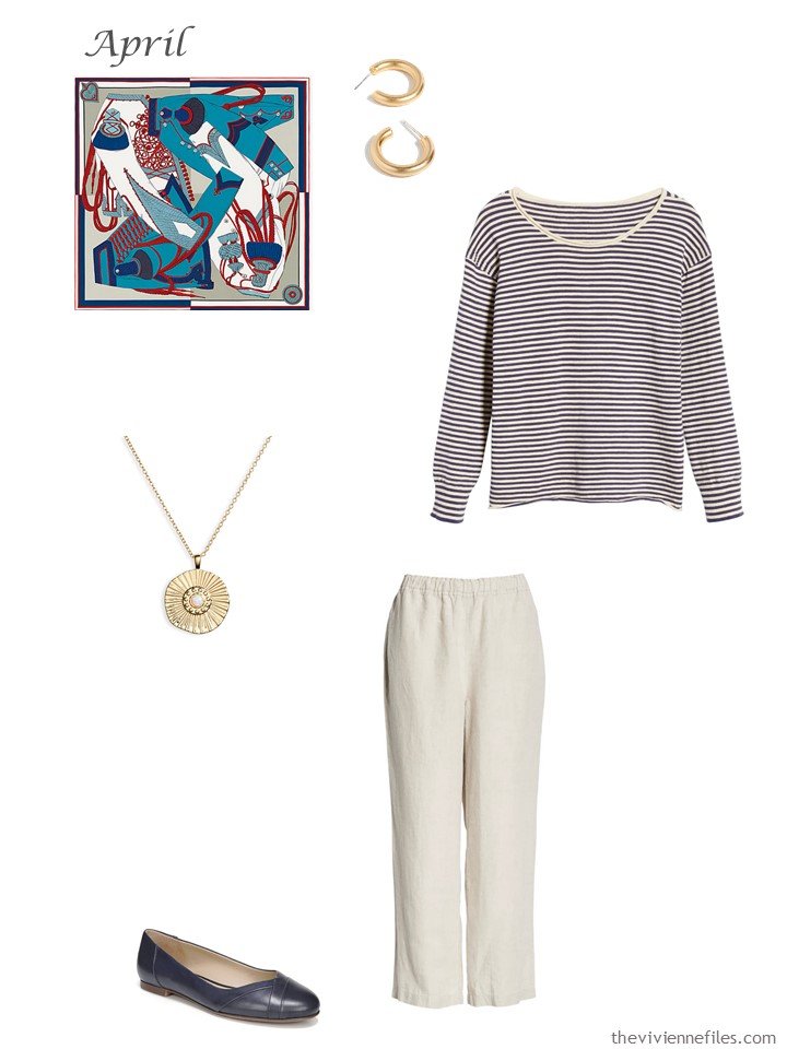 17. navy and beige capri pants outfit