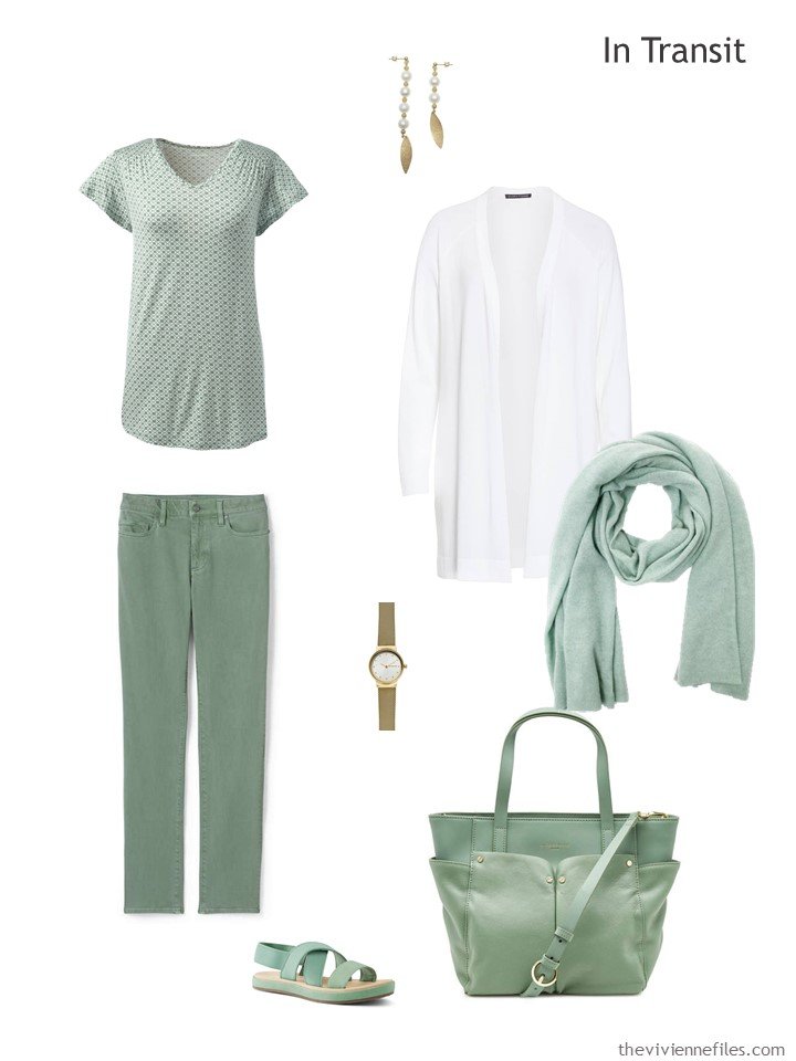 2. travel outfit in green and white for warm weather