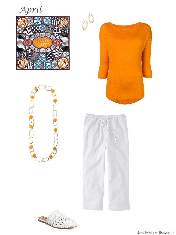 22. outfit with orange sweater and white cropped pants