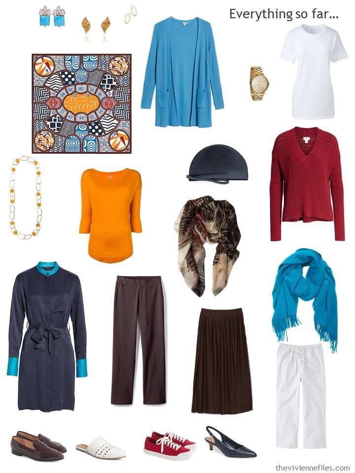23. capsule wardrobe in navy, brown, orange, blue and red