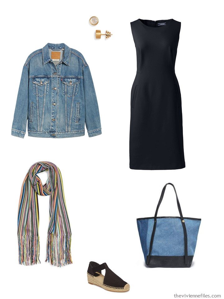 3. black dress with a denim jacket