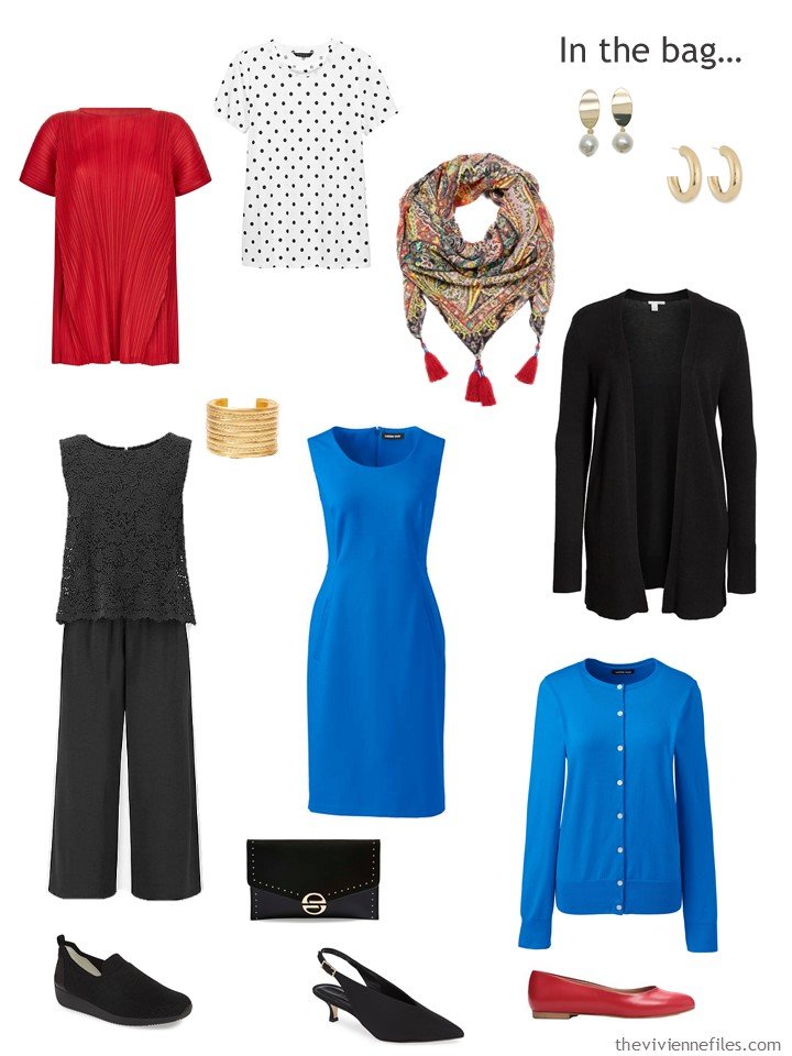 3. black, red, and bright blue Six Pack travel capsule wardrobe