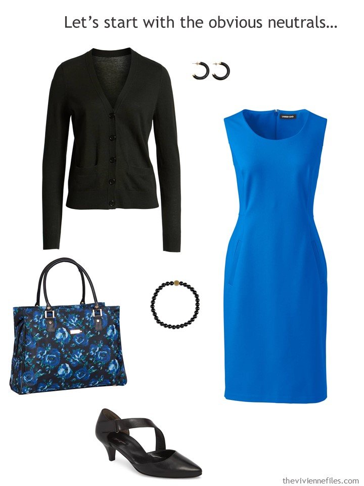 3. royal blue dress with black accessories