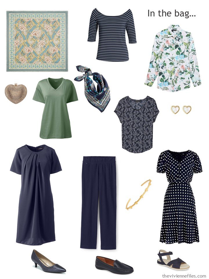 3. travel capsule wardrobe in navy, green and white