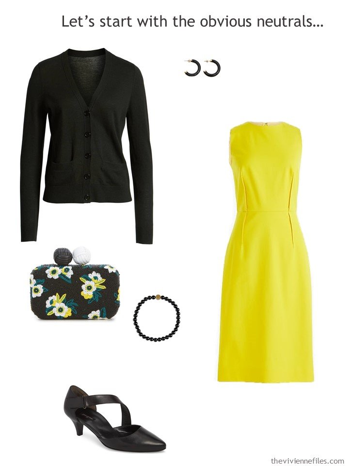 3. yellow dress with black accessories