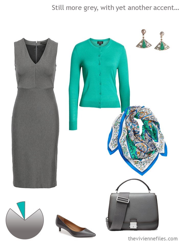 4. grey dress with jade cardigan