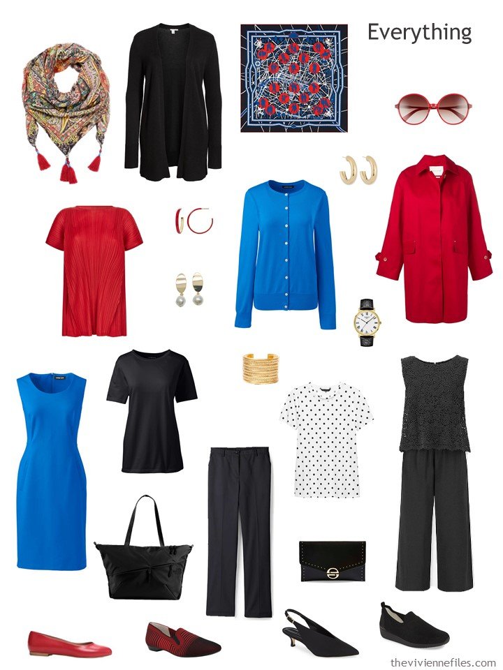 4. travel capsule wardrobe in black, white, red and bright blue