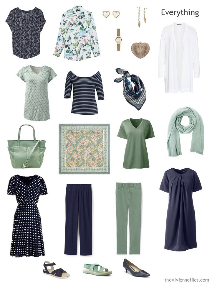 4. travel capsule wardrobe in navy, green and white