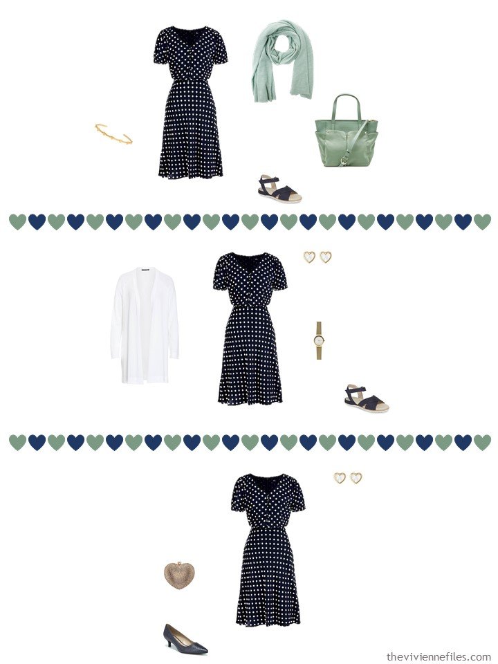 5. 3 ways to wear a navy dotted dress from a travel capsule wardrobe