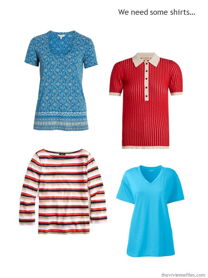 5. 4 tops in red, turquoise and beige