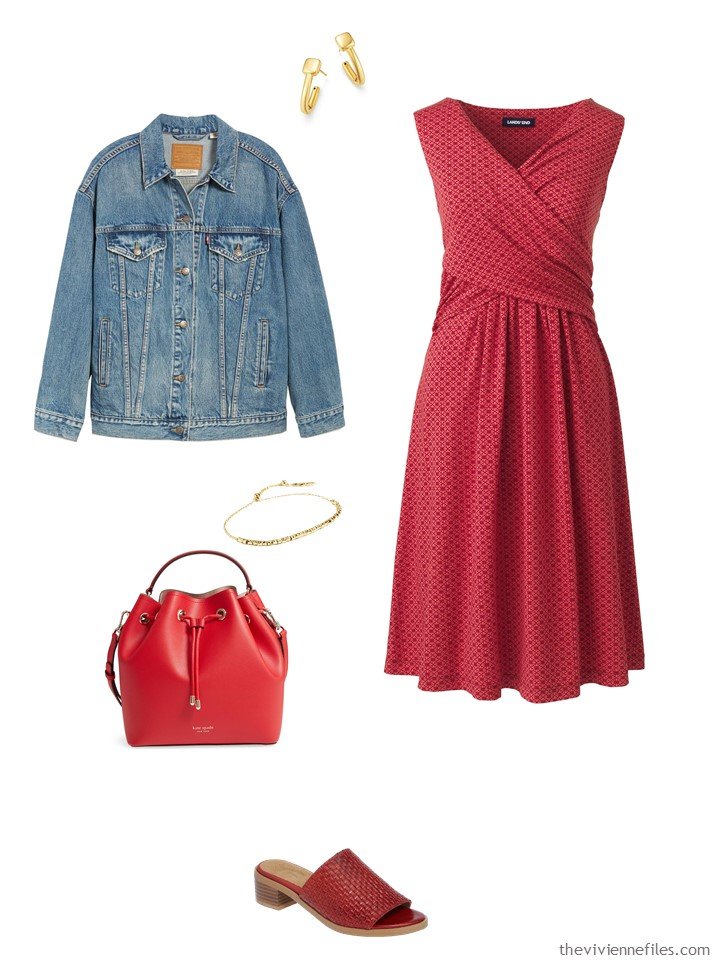 5. red print dress with a denim jacket