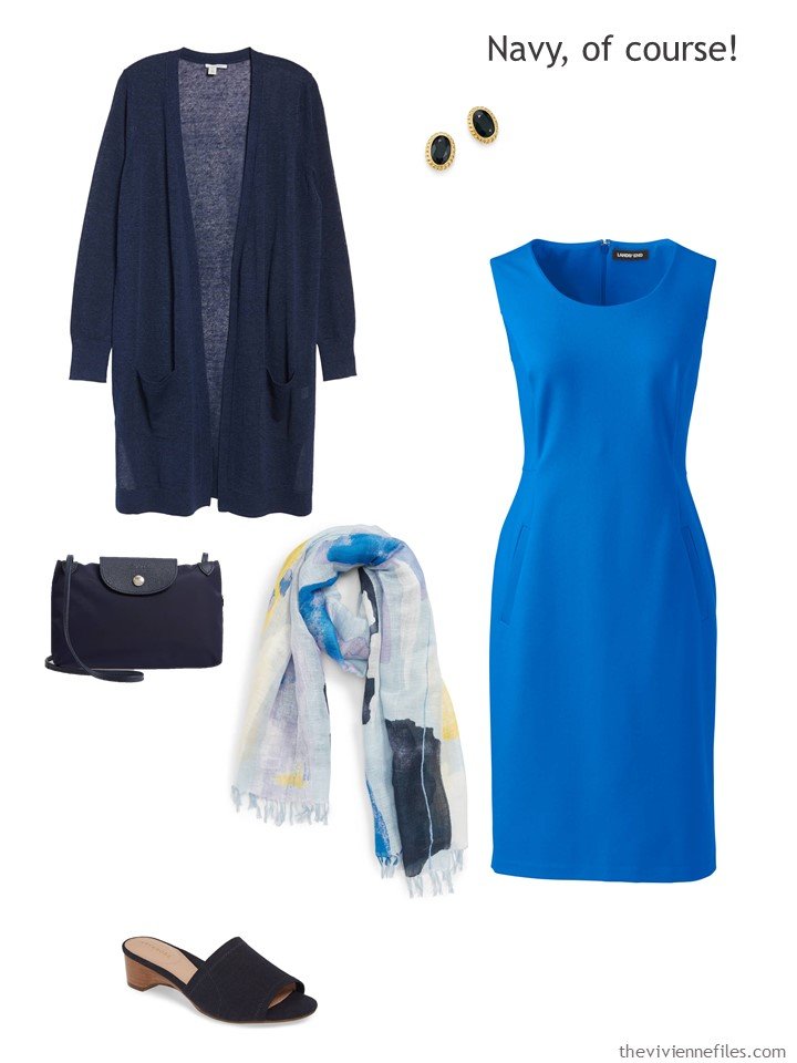 5. royal blue dress with navy accessories