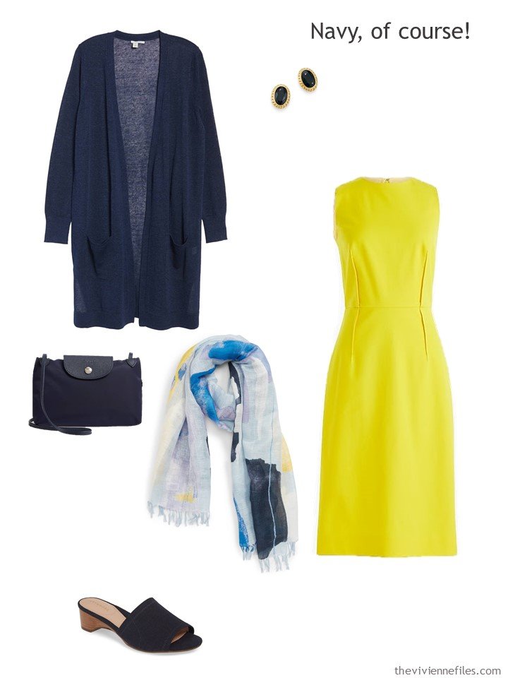 5. yellow dress with navy accessories