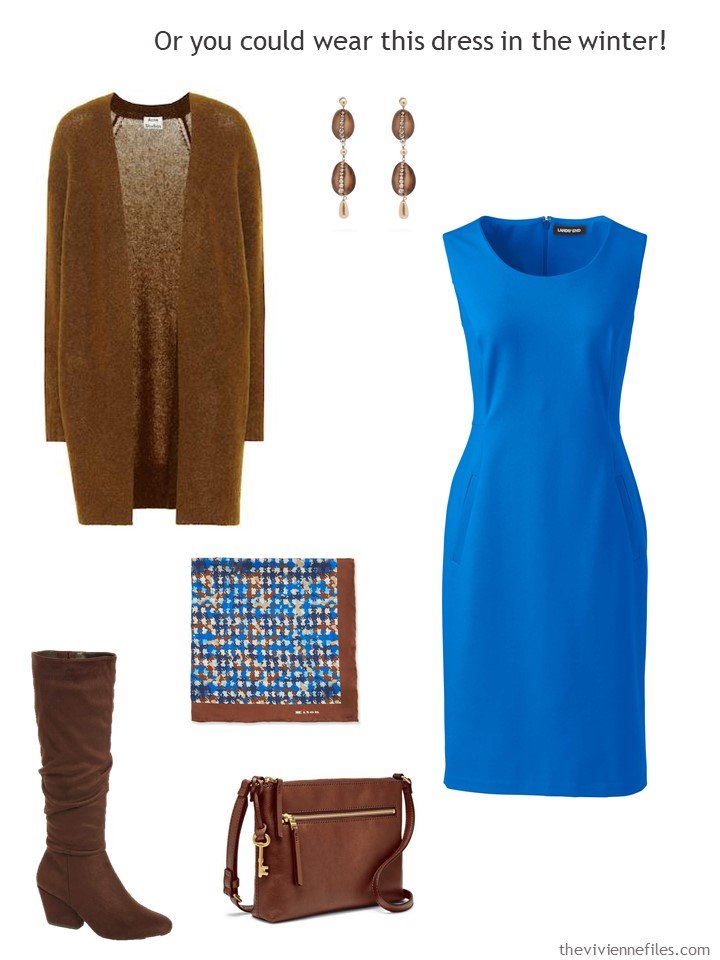 6. royal blue dress with brown accessories