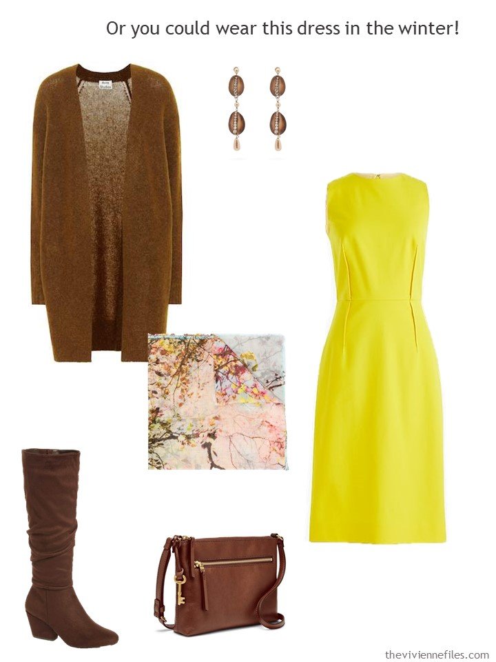 6. yellow dress with brown accessories