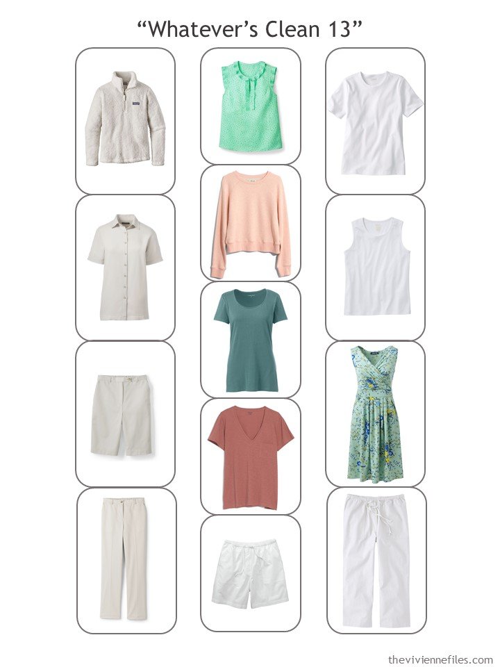 7. Whatever's Clean 13 wardrobe in stone, white, blush, rust and green