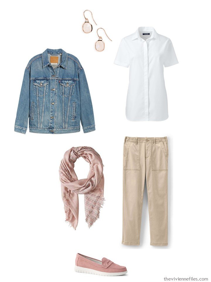 7. khakis and a white shirt with a denim jacket