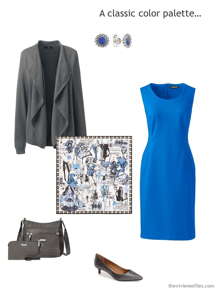 7. royal blue dress with grey accessories