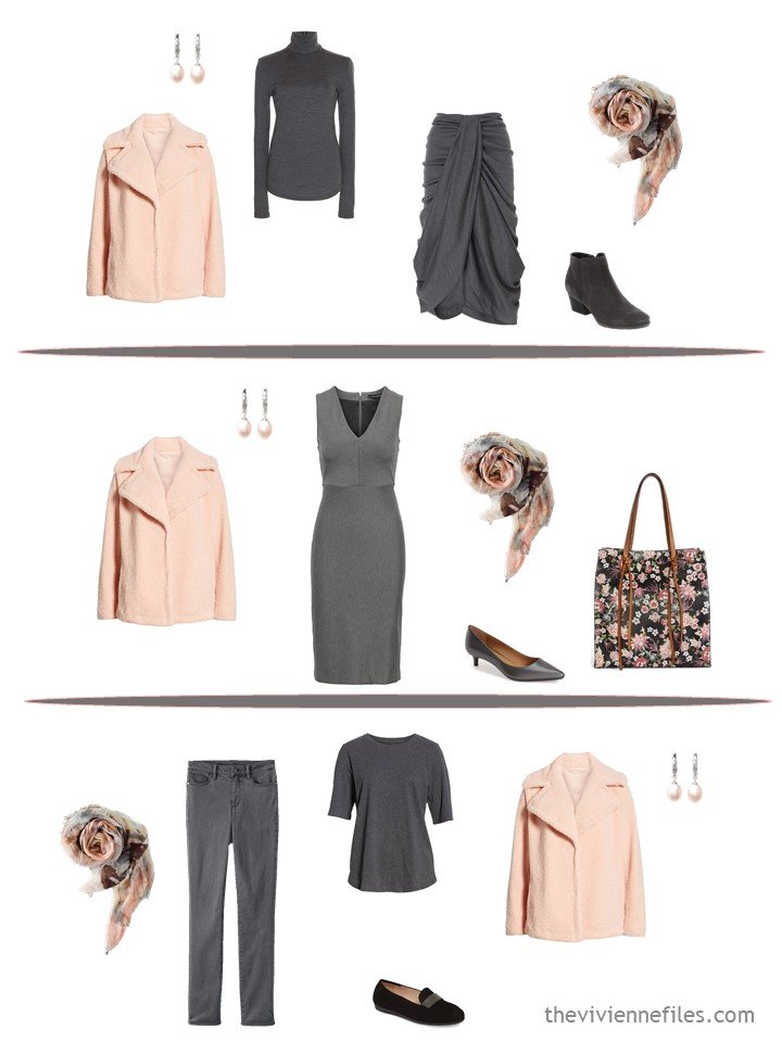 7. wearing peach accents in a grey capsule wardrobe